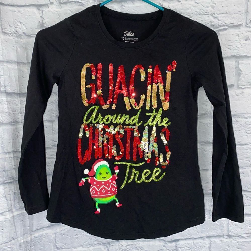 Justice changing sequins and glitter Longsleeve avocado Christmas shirt sz 10 gi